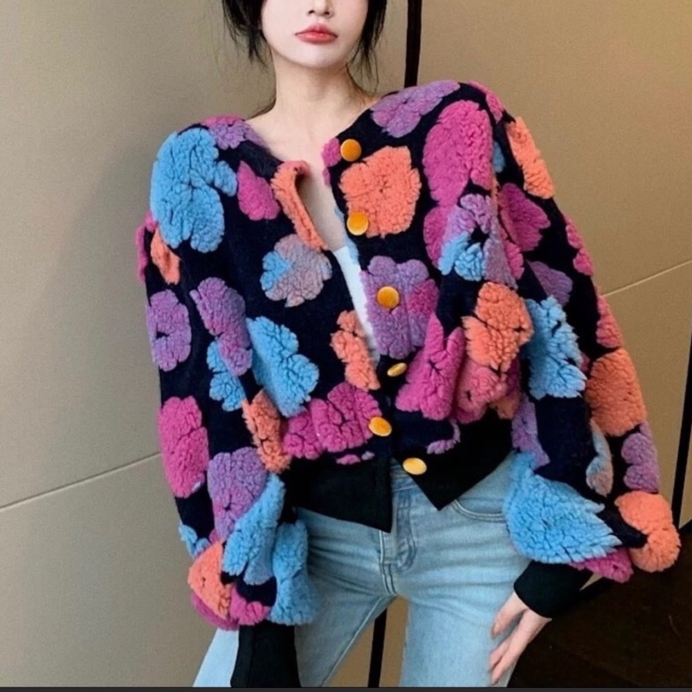 Floral jacket sherpa flower puff sleeve coat fuzzy 3d flowers runway black pink
